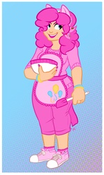 Size: 2474x4146 | Tagged: safe, artist:ohsadface, pinkie pie, human, g4, apron, bowl, clothes, converse, eared humanization, female, humanized, shoes, solo