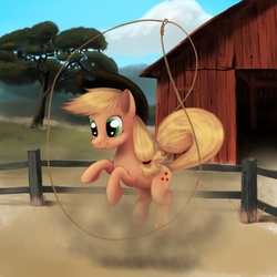 Size: 1500x1500 | Tagged: safe, artist:tres-apples, applejack, earth pony, pony, g4, female, fence, jumping, lasso, rope, solo
