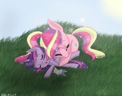 Size: 1400x1100 | Tagged: safe, artist:silbersternenlicht, princess cadance, smarty pants, twilight sparkle, g4, duo, filly, sleeping