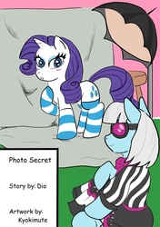 Size: 756x1075 | Tagged: safe, artist:kyokimute, photo finish, rarity, earth pony, pony, g4, clothes, photo, photo secret, socks, striped socks