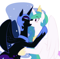 Size: 1000x987 | Tagged: safe, artist:elslowmo, artist:redintravenous, nightmare moon, princess celestia, alicorn, pony, g4, blushing, female, incest, kiss on the lips, kissing, lesbian, mare, ship:mooncest, shipping