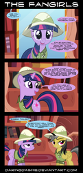 Size: 2000x4130 | Tagged: safe, artist:daringdashie, daring do, rainbow dash, twilight sparkle, pegasus, pony, unicorn, g4, clothes, comic, cosplay, fangirl, female, floppy ears, hat, hilarious in hindsight, hypocritical humor, mare, unicorn twilight