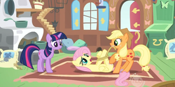 Size: 1354x678 | Tagged: safe, screencap, applejack, fluttershy, twilight sparkle, g4, the return of harmony, out of context, ropes
