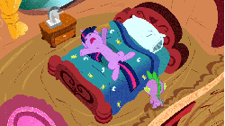 Size: 853x480 | Tagged: safe, screencap, spike, twilight sparkle, pony, unicorn, g4, lesson zero, animated, bed, belly, duo, flailing, lying down, on back, overhead view, unicorn twilight