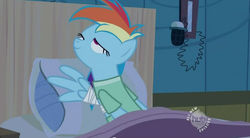 Size: 747x413 | Tagged: safe, screencap, rainbow dash, pegasus, pony, g4, read it and weep, bed, female, hospital, hub logo, mare, out of context, pillow, solo