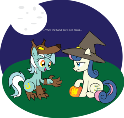 Size: 2716x2574 | Tagged: safe, artist:lockhe4rt, bon bon, lyra heartstrings, sweetie drops, g4, bon bon is not amused, costume, female, hand, lesbian, ship:lyrabon, shipping, unamused, witch