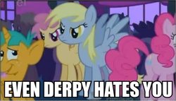 Size: 474x272 | Tagged: safe, edit, edited screencap, screencap, derpy hooves, dizzy twister, orange swirl, pinkie pie, snails, pegasus, pony, unicorn, boast busters, g4, angry, colt, derpy hooves is not amused, dizzy twister is not amused, female, hate, image macro, male, mare, reaction image, unamused