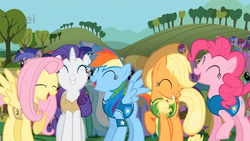 Size: 640x360 | Tagged: safe, screencap, amethyst star, applejack, berry punch, berryshine, bon bon, daisy, flower wishes, fluttershy, minuette, pinkie pie, rainbow dash, rarity, sparkler, sweetie drops, g4, winter wrap up, ei