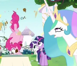 Size: 545x467 | Tagged: safe, screencap, pinkie pie, princess celestia, rarity, twilight sparkle, g4, mmmystery on the friendship express, out of context