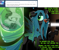 Size: 1000x849 | Tagged: safe, artist:jamescorck, queen chrysalis, oc, oc:movie slate, g4, ask, invasion of the body snatchers, tumblr, upside down
