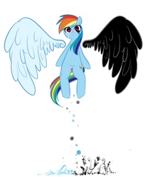 Size: 980x1200 | Tagged: safe, artist:chch, rainbow dash, pegasus, pony, g4, abstract background, askdrrnmsd, crying, female, flying, good vs evil, mare, simple background, solo