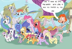Size: 990x679 | Tagged: safe, artist:trey-vore, apple bloom, applejack, big macintosh, derpy hooves, fluttershy, granny smith, pinkie pie, princess celestia, princess luna, rainbow dash, rarity, scootaloo, spike, sweetie belle, twilight sparkle, alicorn, dragon, earth pony, human, pegasus, pony, unicorn, g4, chase, crossover, crying, elmyra duff, end of the world, horror, invasion, male, nope, parody, s1 luna, stallion, this will end in tears and/or death and/or covered in tree sap, this will not end well, tiny toon adventures, varying degrees of want, xk-class end-of-the-world scenario