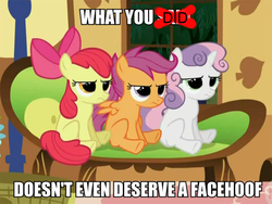 Size: 600x452 | Tagged: safe, edit, edited screencap, screencap, apple bloom, scootaloo, sweetie belle, g4, stare master, caption, cutie mark crusaders, facehoof, image macro, sitting