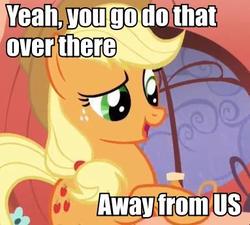 Size: 383x344 | Tagged: safe, edit, edited screencap, screencap, applejack, earth pony, pony, g4, look before you sleep, caption, cropped, female, golden oaks library, image macro, mare, meme, raised hoof, solo, text