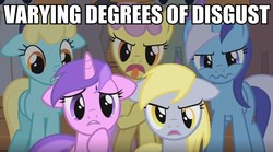 Size: 956x533 | Tagged: safe, edit, edited screencap, screencap, amethyst star, derpy hooves, merry may, minuette, parasol, sassaflash, sparkler, pegasus, pony, g4, green isn't your color, season 1, caption, female, image macro, mare, reaction image, wavy mouth