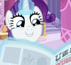 Size: 781x720 | Tagged: safe, screencap, rarity, pony, g4, ponyville confidential, carousel boutique, cropped, glowing horn, horn, magic, magic aura, newspaper, smiling, solo