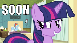 Size: 680x384 | Tagged: safe, edit, edited screencap, screencap, rainbow dash, twilight sparkle, g4, read it and weep, bed, duo, hospital, hospital bed, image macro, soon