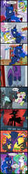 Size: 656x3990 | Tagged: safe, artist:madmax, daisy, flower wishes, mare do well, princess celestia, princess luna, roseluck, alicorn, changeling, earth pony, pegasus, pony, a canterlot wedding, g4, alter ego, changeling slime, comic, dialogue, female, jewelry, male, mare, regalia, royal guard, slice of life, speech bubble, stallion