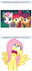 Size: 262x568 | Tagged: safe, apple bloom, fluttershy, scootaloo, sweetie belle, g4, eldritch abomination, exploitable meme, juxtaposition, juxtaposition win