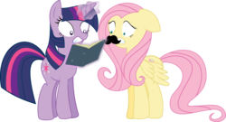 Size: 4402x2370 | Tagged: safe, artist:nazoth, fluttershy, twilight sparkle, pegasus, pony, unicorn, g4, book, duo, duo female, female, floppy ears, magic, mare, moustache, simple background, spell gone wrong, transparent background, unicorn twilight