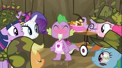 Size: 856x478 | Tagged: safe, screencap, applejack, pinkie pie, rainbow dash, rarity, spike, twilight sparkle, dragon, pony, unicorn, dragon quest, g4, blushing, caption, female, hub logo, male, mane seven, mare, youtube caption