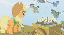 Size: 640x350 | Tagged: safe, screencap, applejack, blues, doctor whooves, noteworthy, time turner, g4, youtube caption