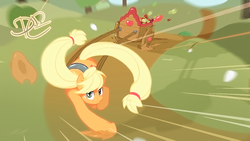 Size: 1344x756 | Tagged: safe, artist:thatoneboxtosser, applejack, earth pony, pony, g4, action pose, apple, cart, female, solo, working