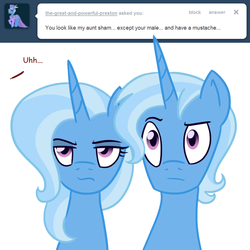 Size: 1000x1000 | Tagged: safe, artist:ask-flam, flam, trixie, ask flam, g4, ask, rule 63, sham, tristan, tumblr