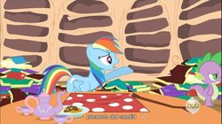 Size: 856x478 | Tagged: safe, screencap, rainbow dash, spike, dragon quest, g4, my little pony: friendship is magic, hub logo, youtube caption