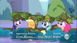 Size: 856x478 | Tagged: safe, screencap, applejack, pinkie pie, rainbow dash, twilight sparkle, dragon quest, g4, hub logo, youtube caption