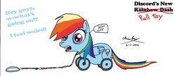 Size: 1488x650 | Tagged: safe, artist:westernciv, rainbow dash, original species, wheelpone, g4, dashabuse, discount, female, implied discord, price tag, solo