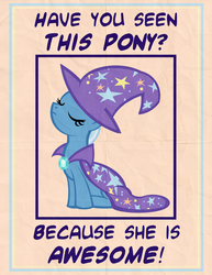 Size: 2550x3300 | Tagged: safe, artist:pixelkitties, trixie, pony, unicorn, g4, cape, clothes, eyes closed, female, hat, mare, poster, solo, text, trixie's cape, trixie's hat