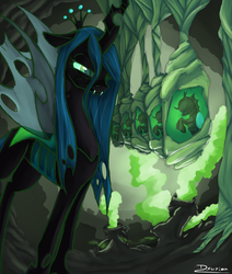 Size: 1268x1494 | Tagged: safe, artist:dsurion, queen chrysalis, changeling, changeling queen, g4, cave, cocoon, crown, female, jewelry, regalia, smiling