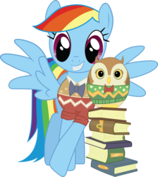 Size: 6236x6951 | Tagged: safe, artist:quanno3, rainbow dash, owl, pegasus, pony, g4, may the best pet win, absurd resolution, alternate hairstyle, book, bookworm, bowtie, clothes, egghead, nerd, pose, rainbow dork, simple background, smiling, sweater, transparent background