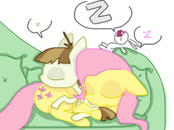 Size: 795x598 | Tagged: safe, artist:weaver, angel bunny, featherweight, fluttershy, pony, g4, cute, onomatopoeia, simple background, sleeping, sound effects, trio, white background, zzz