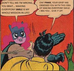 Size: 400x387 | Tagged: safe, pinkie pie, g4, batman, meme, my parents are dead, robin, slap, smile song