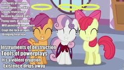 Size: 960x540 | Tagged: safe, apple bloom, scootaloo, sweetie belle, g4, cutie mark crusaders, instruments of destruction, lyrics, transformers