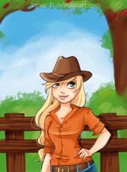 Size: 509x689 | Tagged: safe, artist:innerd, applejack, human, g4, clothes, female, humanized, solo