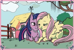 Size: 1224x816 | Tagged: safe, artist:princrim, fluttershy, twilight sparkle, pegasus, pony, unicorn, g4, blushing, female, holding hooves, lesbian, mare, ship:twishy, shipping, unicorn twilight