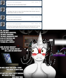 Size: 1000x1192 | Tagged: safe, artist:jamescorck, rarity, oc, oc:movie slate, g4, ask, blushing, the devil wears prada, tumblr