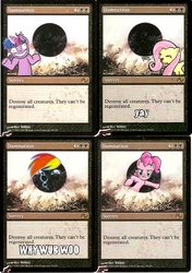 Size: 642x910 | Tagged: safe, artist:blackwingstudio, fluttershy, pinkie pie, rainbow dash, twilight sparkle, earth pony, pegasus, pony, unicorn, g4, card, damnation, dashface, female, flutteryay, glowing horn, horn, looking at you, magic, magic the gathering, mare, shrug, shrugpony, trading card edit, twilight snapple, wub, yay