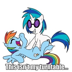 Size: 600x596 | Tagged: safe, dj pon-3, vinyl scratch, g4, bellyrubs, caption, laughing, tickling