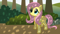 Size: 1920x1080 | Tagged: safe, artist:jennieoo, fluttershy, pegasus, pony, g4, cute, female, forest, mare, show accurate, shyabetes, solo, vector, wallpaper