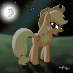 Size: 2000x2000 | Tagged: safe, artist:apollobroda, applejack, earth pony, pony, g4, female, mare in the moon, moon, night, solo, stars