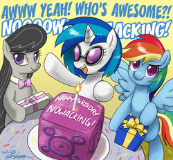 Size: 930x858 | Tagged: safe, artist:johnjoseco, dj pon-3, octavia melody, rainbow dash, vinyl scratch, g4, bass cannon, birthday, cake, jesse nowack