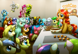 Size: 1157x800 | Tagged: safe, artist:aylastardragon, apple bloom, apple fritter, bon bon, cloudchaser, derpy hooves, dj pon-3, flitter, lyra heartstrings, octavia melody, scootaloo, soarin', sweetie belle, sweetie drops, vinyl scratch, oc, oc:peanut bucker, pegasus, pony, g4, apple family member, female, mare