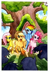 Size: 536x800 | Tagged: safe, artist:jill thompson, idw, official comic, applejack, fluttershy, pinkie pie, rainbow dash, pony, g4, official, comic, cover, idw advertisement, no logo, textless
