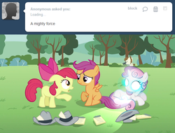 Size: 993x755 | Tagged: safe, artist:capnpea, edit, edited screencap, screencap, apple bloom, featherweight, scootaloo, sweetie belle, g4, ponyville confidential, cutie mark crusaders, fimbriae, glowing eyes, tumblr