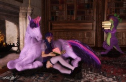 Size: 1108x721 | Tagged: safe, artist:axel-doi, spike, twilight sparkle, human, g4, hoers, human ponidox, library, realistic