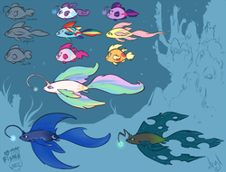 Size: 1441x1100 | Tagged: safe, artist:atryl, applejack, fluttershy, pinkie pie, princess celestia, princess luna, queen chrysalis, rainbow dash, rarity, twilight sparkle, angler fish, fish, original species, rainbow trout, g4, fishified, flutterfish, grin, mane six, maybe salmon, my little x, rarifish, smiling, smirk, species swap